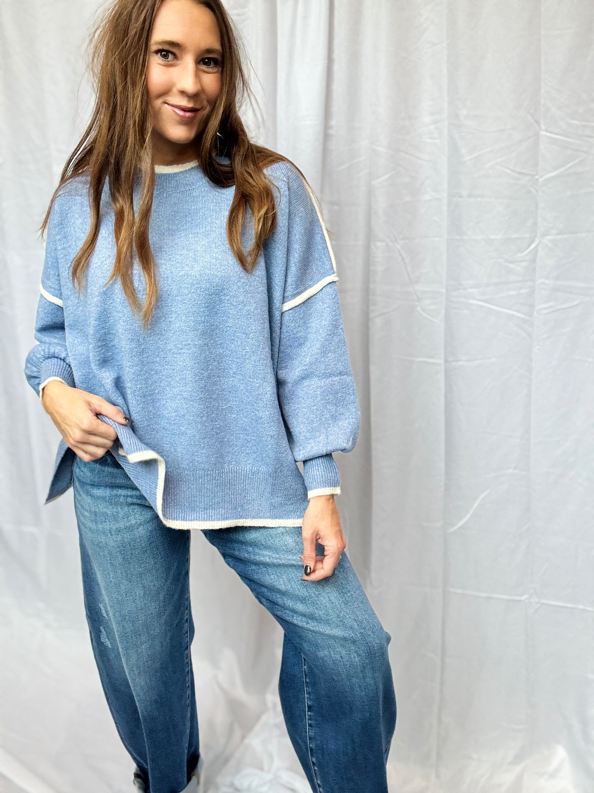 Dusty Blue + White Stitch Sweater