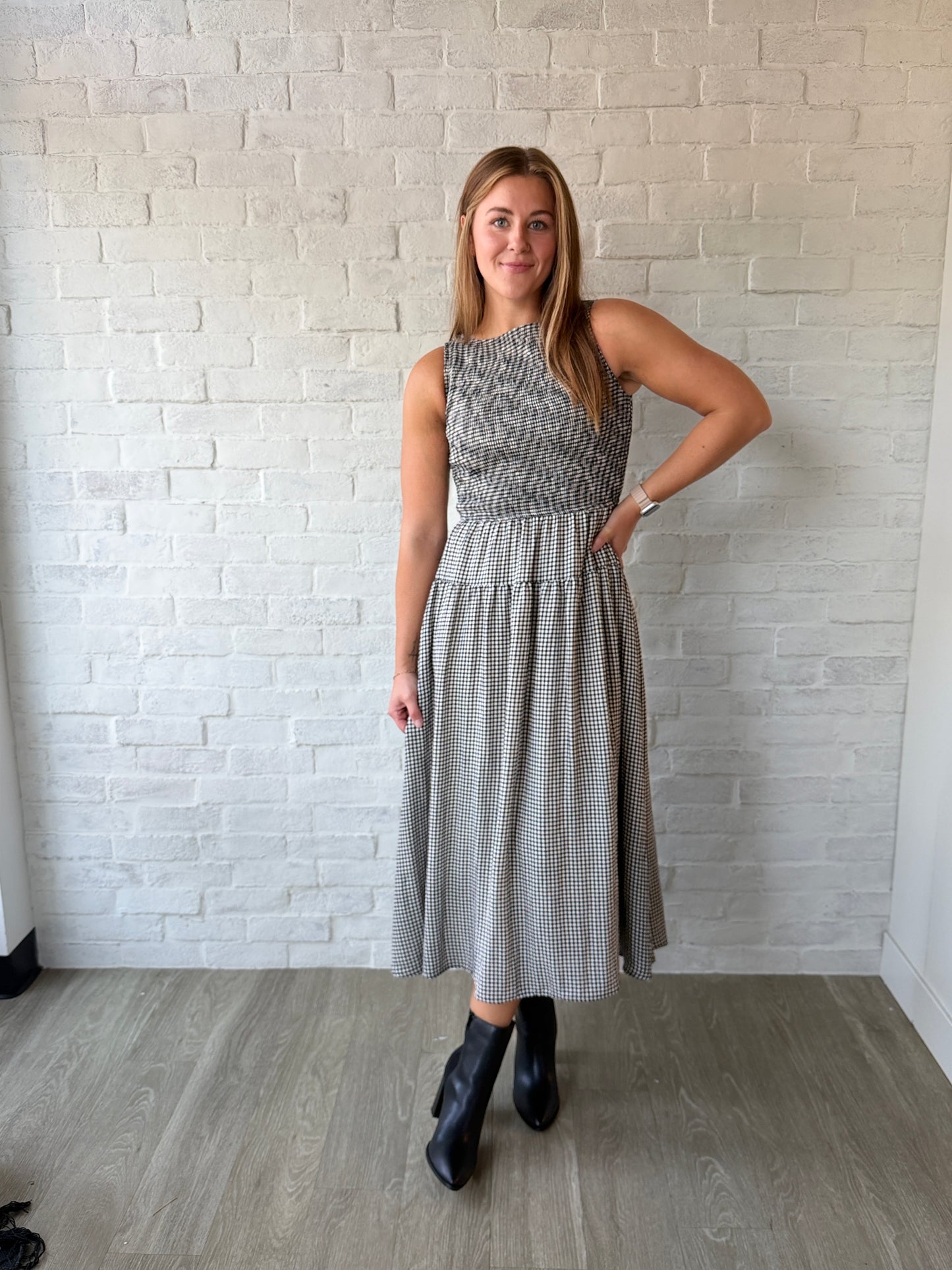 Smocked Tiered Gingham Midi Dress