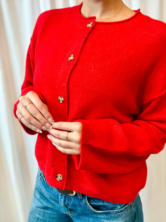 Red Button Cardigan Sweater