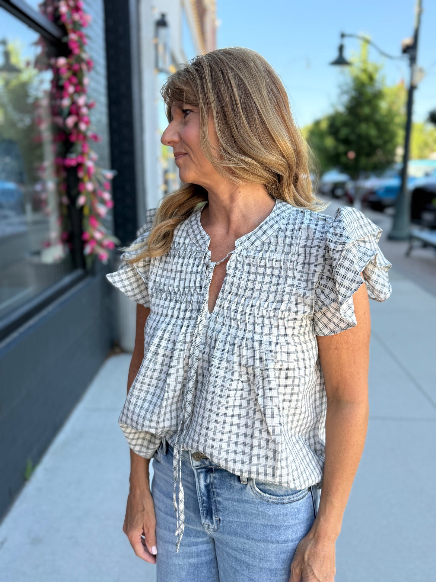 Taupe Gingham Ruffle Blouse