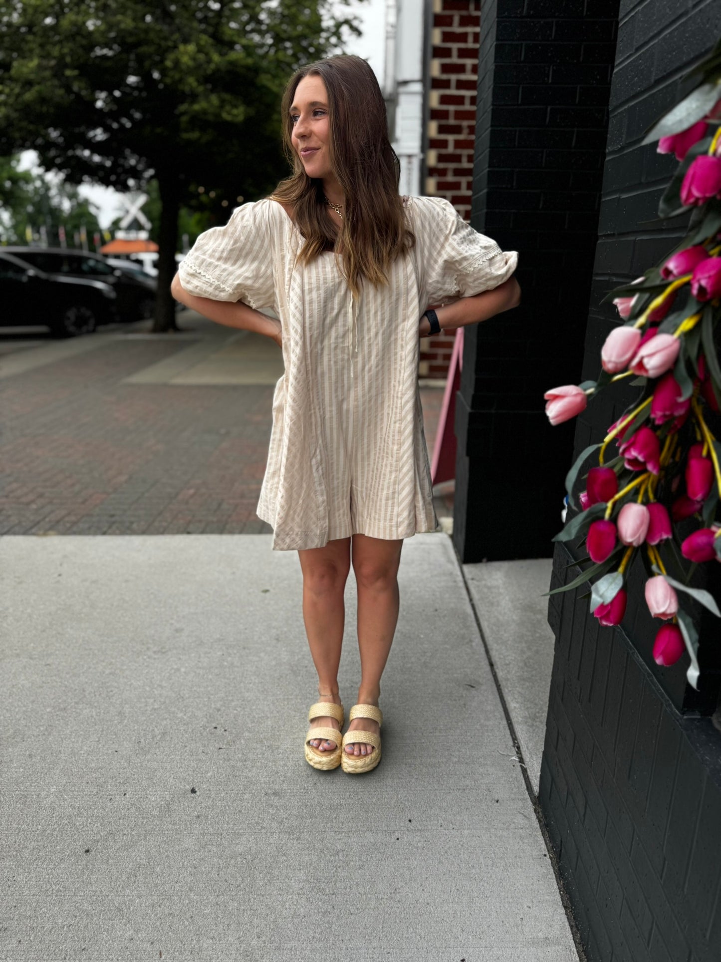 Taupe Stripe Flowy Romper
