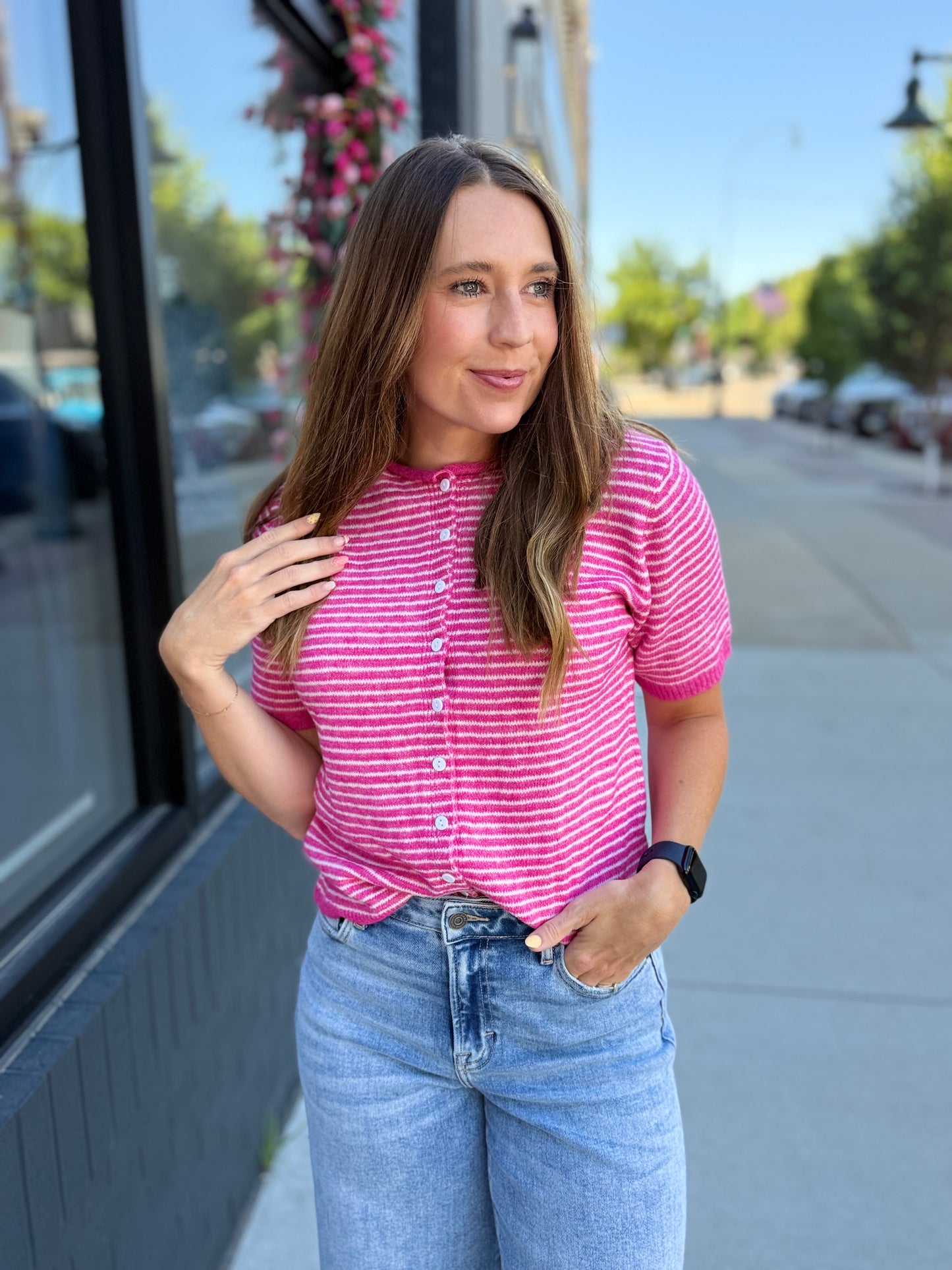 Hot Pink Stripe Button SS Sweater Top