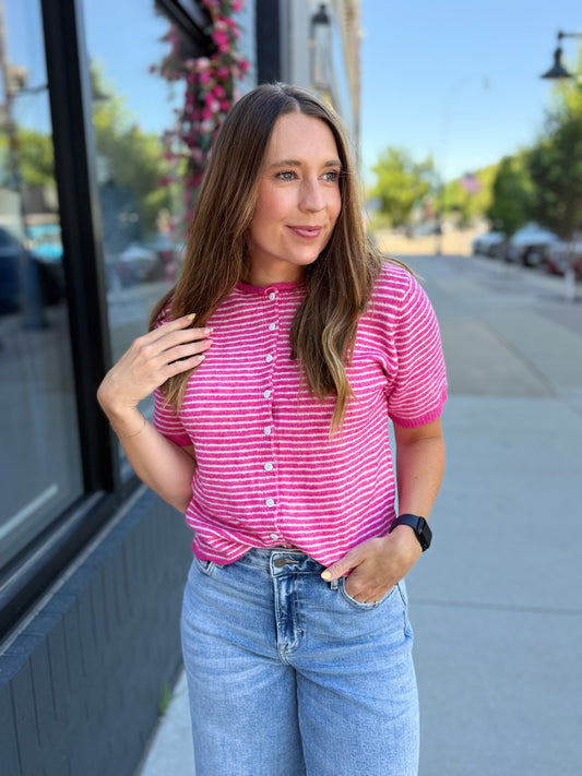 Hot Pink Stripe Button SS Sweater Top
