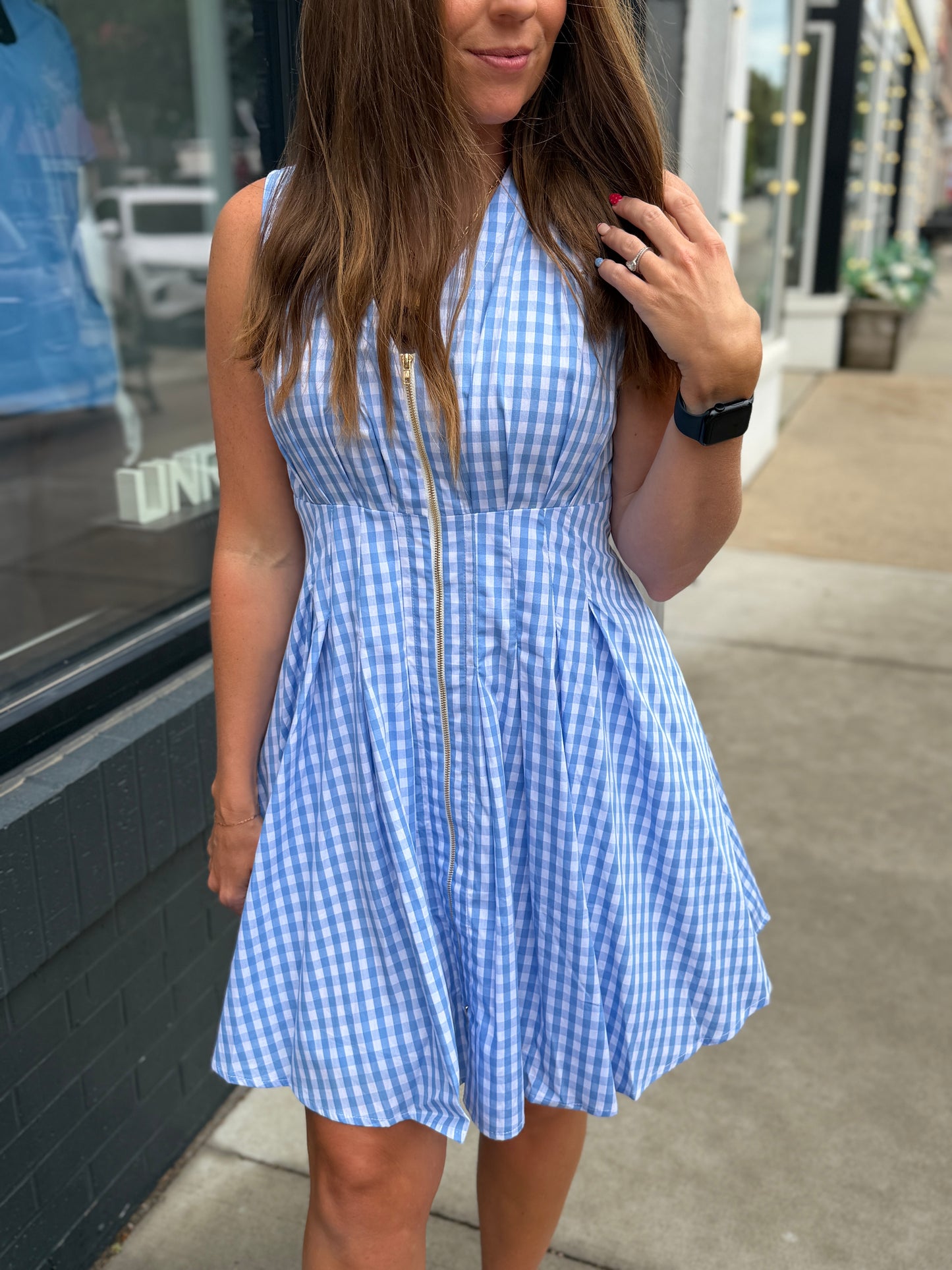 Blue Gingham Zip Mini Dress