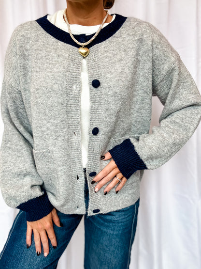 Gray + Navy Trim Button Sweater