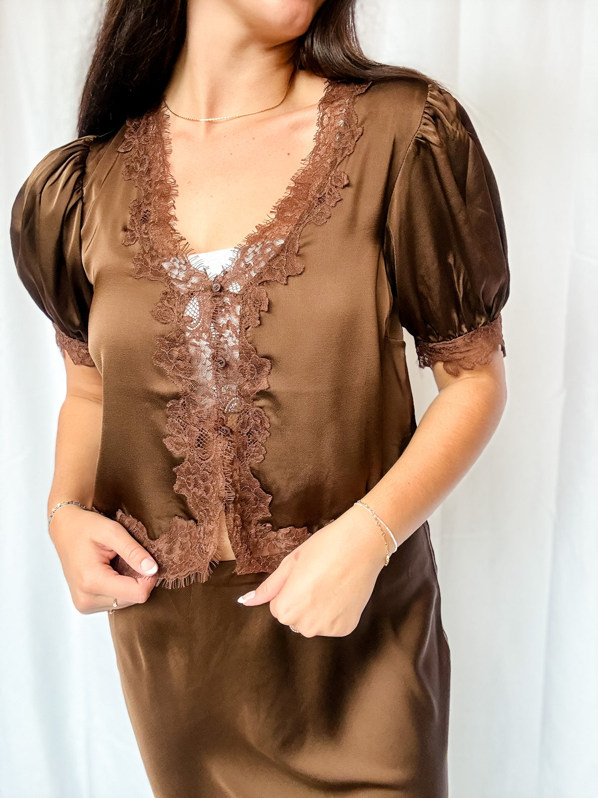 Brown Satin Lace Puff Sleeve Blouse