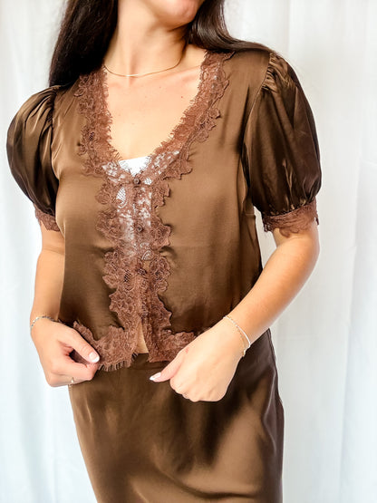 Brown Satin Lace Puff Sleeve Blouse