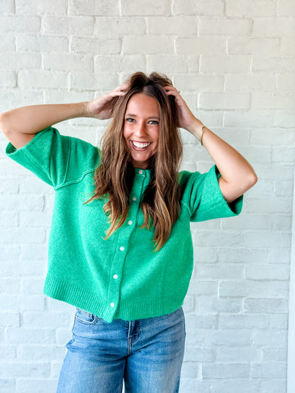 Green Half Sleeve Button Sweater
