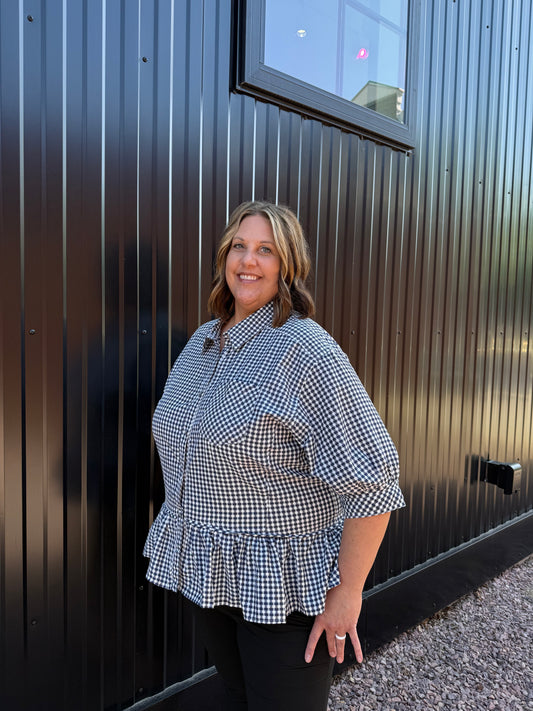 Navy Gingham Peplum Blouse