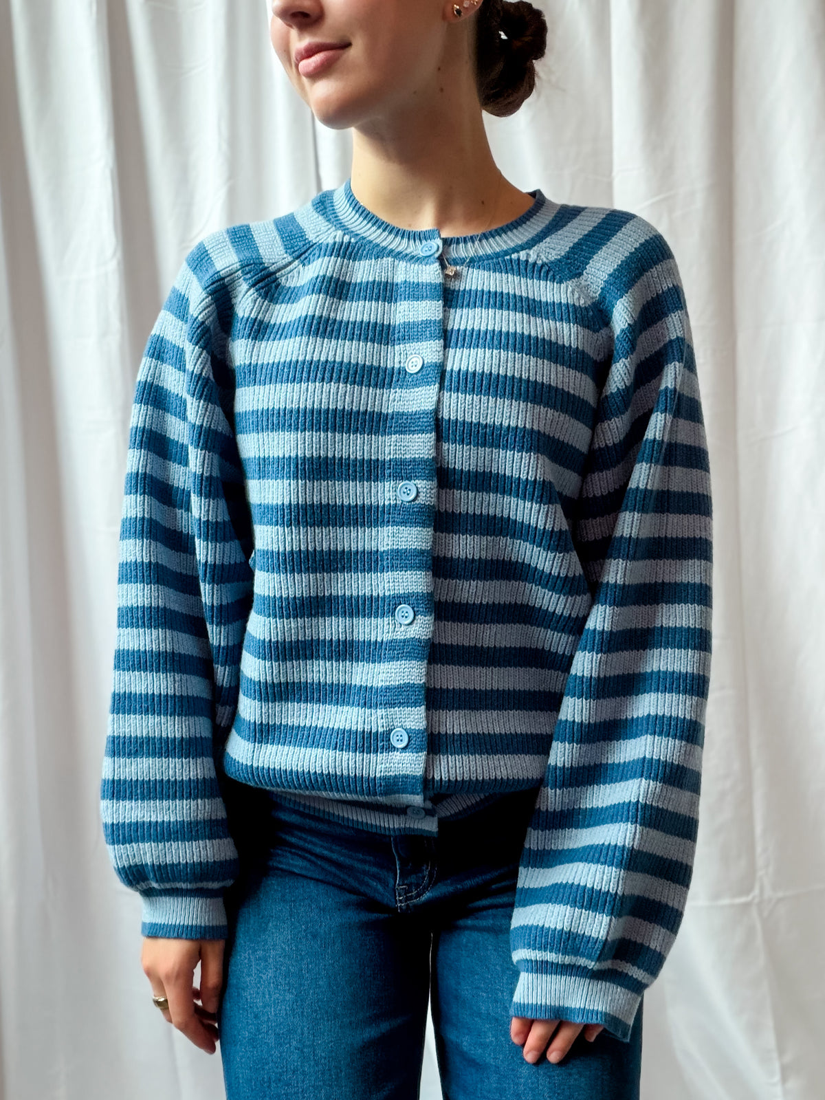 Blue Two Tone Stripe Button Sweater