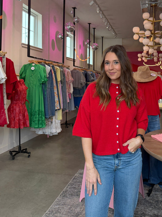 Red Half Sleeve Button Sweater
