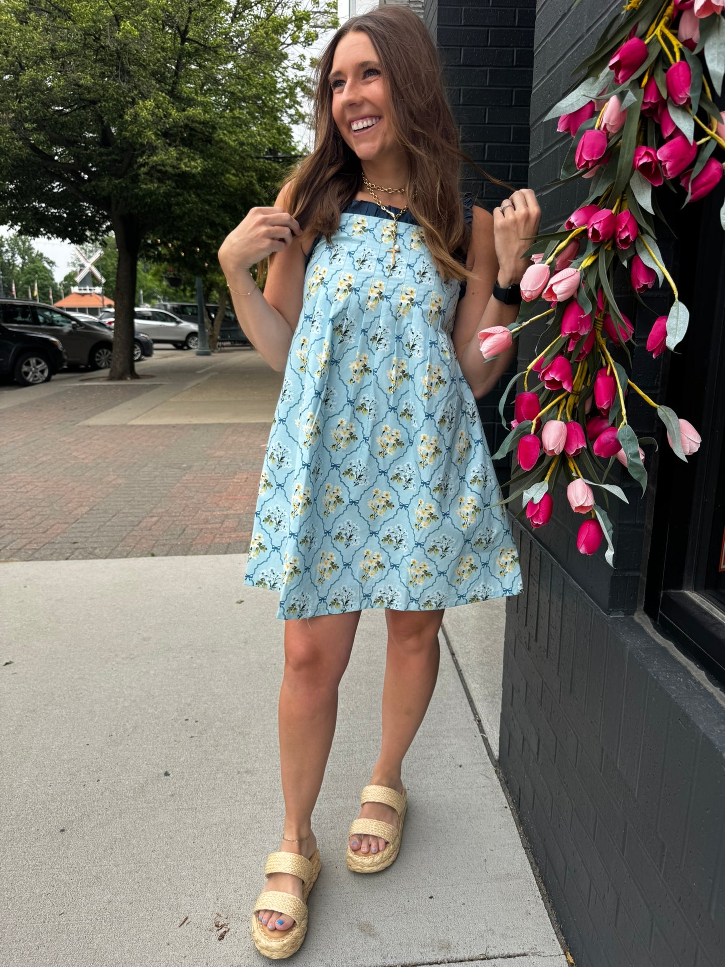 Blue Floral Ruffle Mini Dress