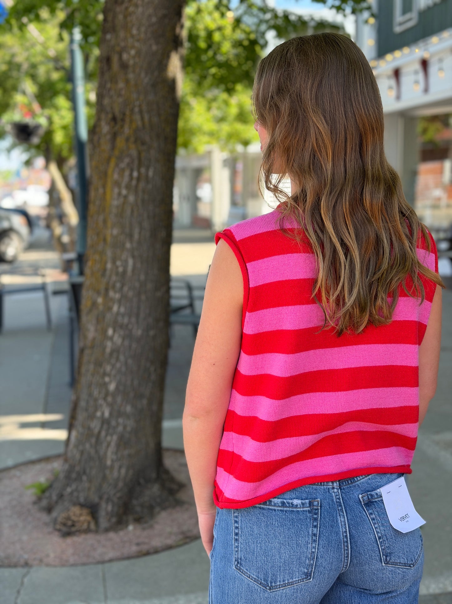 Red + Pink Stripe Button Top