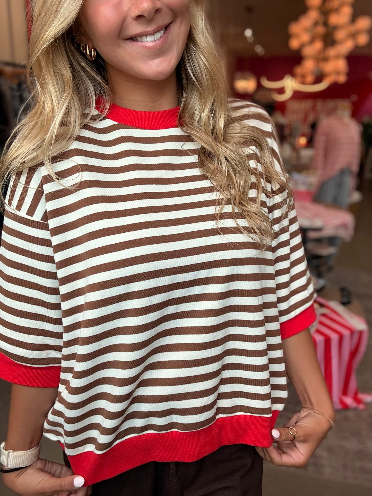 Brown Stripe + Red Trim Elbow Sleeve Top