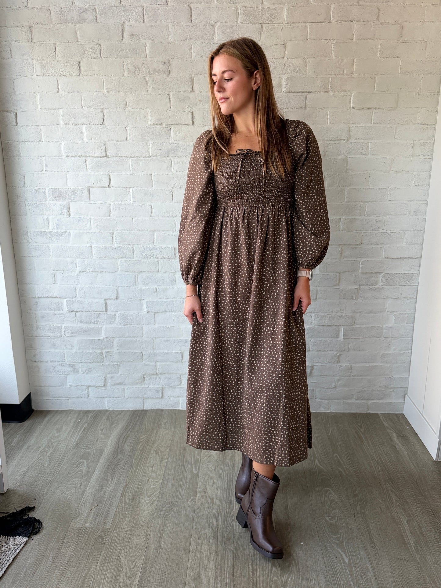 Khaki Ditsy Smocked Midi Dress