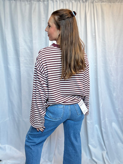 Burgundy Stripe LS Tee
