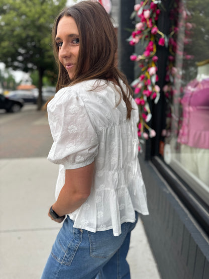 Off White Elbow Sleeve Peplum Blouse
