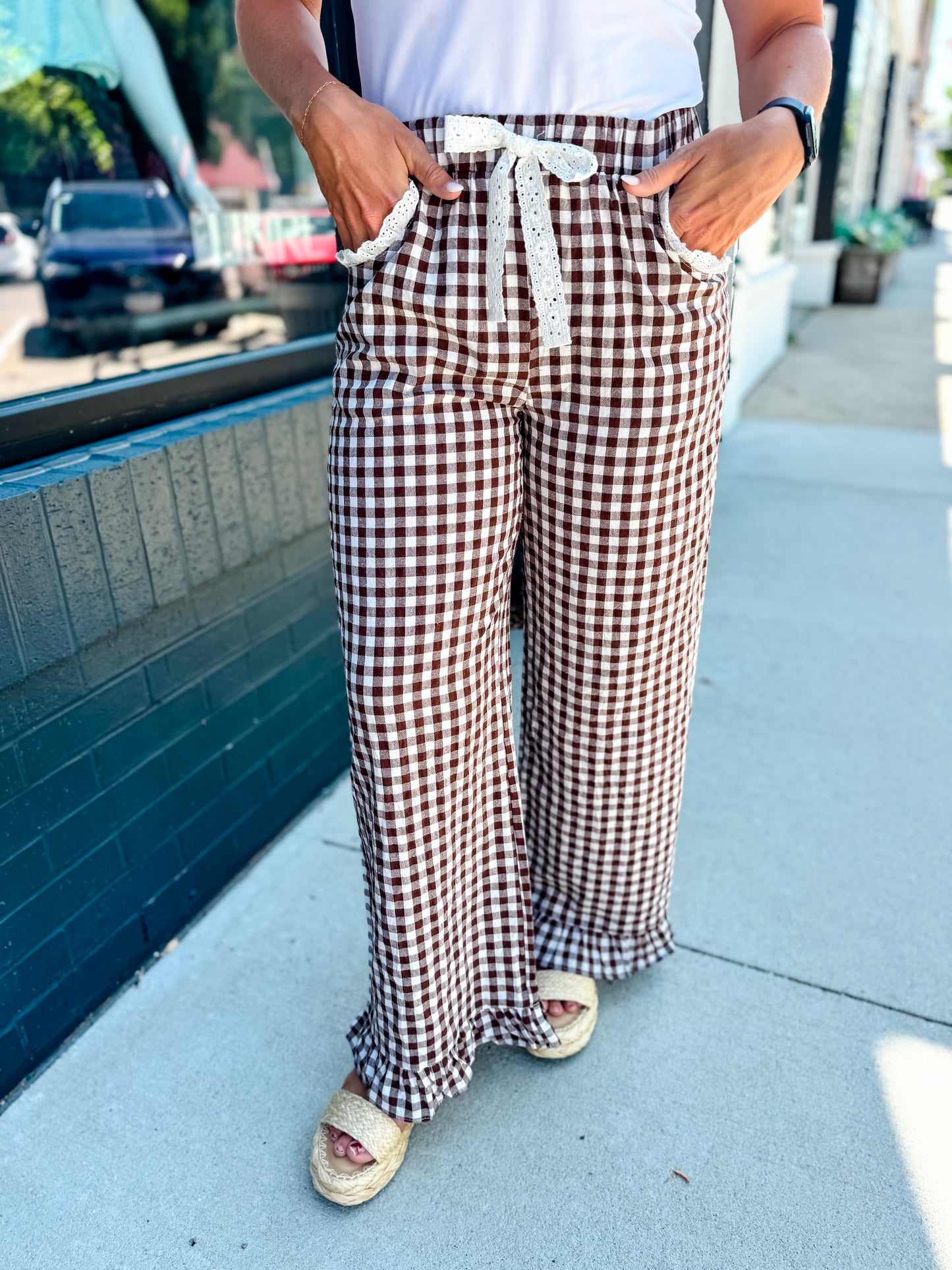 Brown Gingham Lace Ruffle Pants