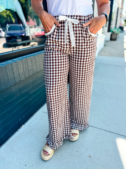 Brown Gingham Lace Ruffle Pants
