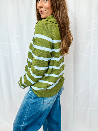 Olive Green Stripe 1/2 Zip Pullover