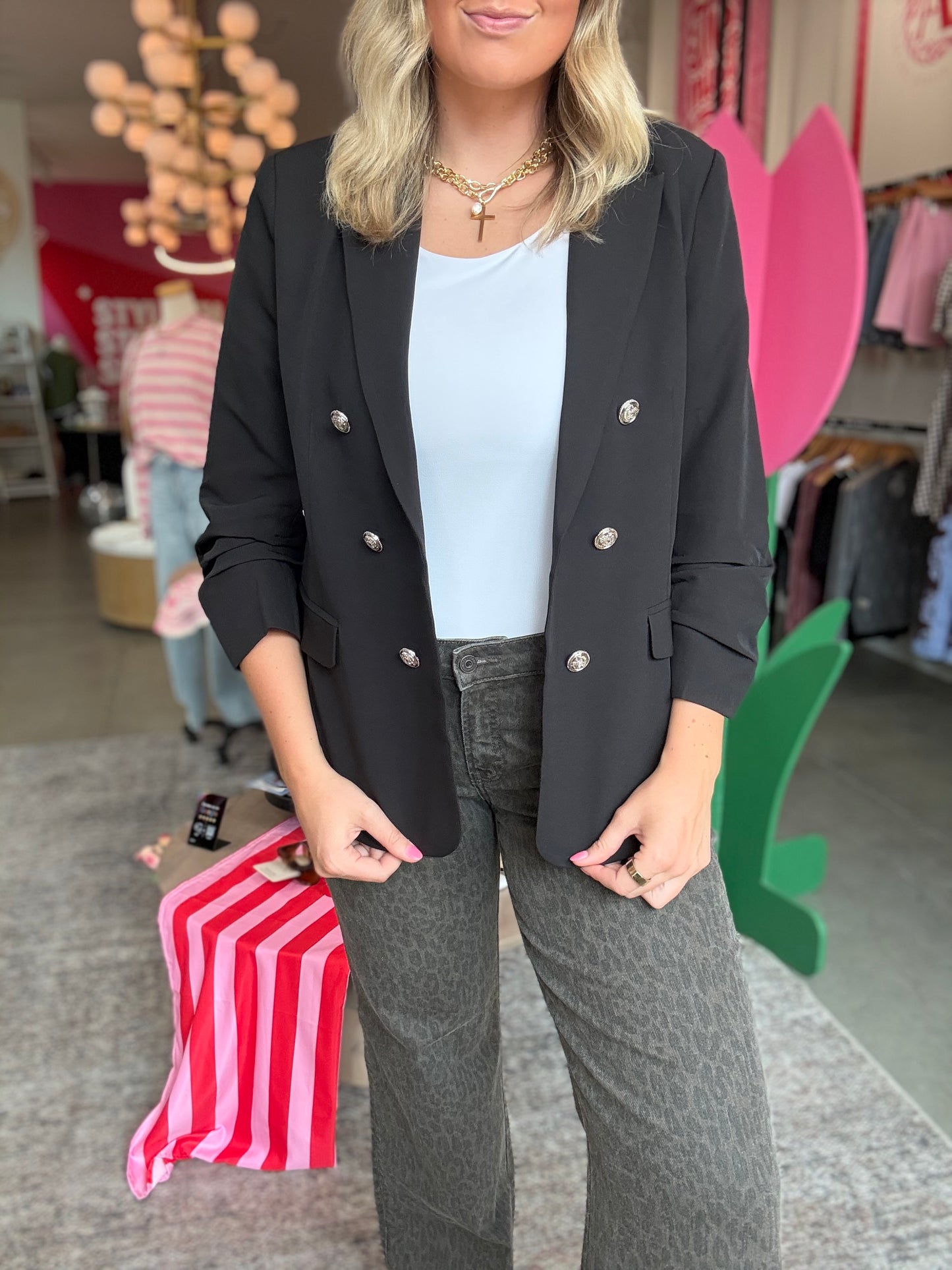 Black Ruched Sleeve Blazer