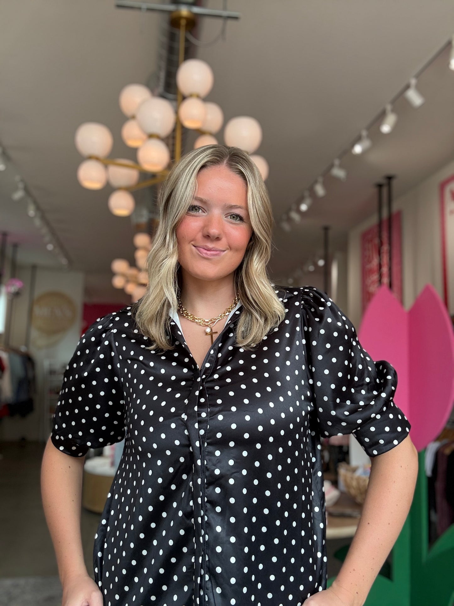 Black Satin Polka Dot Blouse