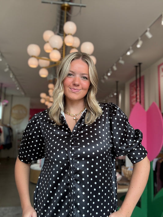 Black Satin Polka Dot Blouse