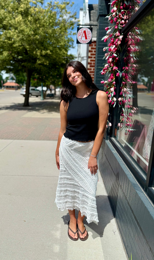 Cream Lace Textured Midi Skirt