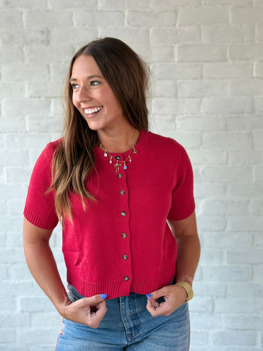 Red SS Button Sweater
