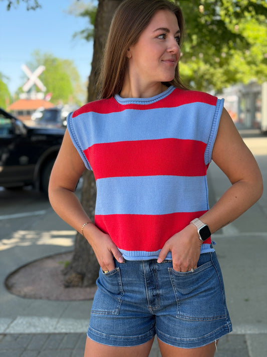 Red + Blue Block Stripe SS Sweater