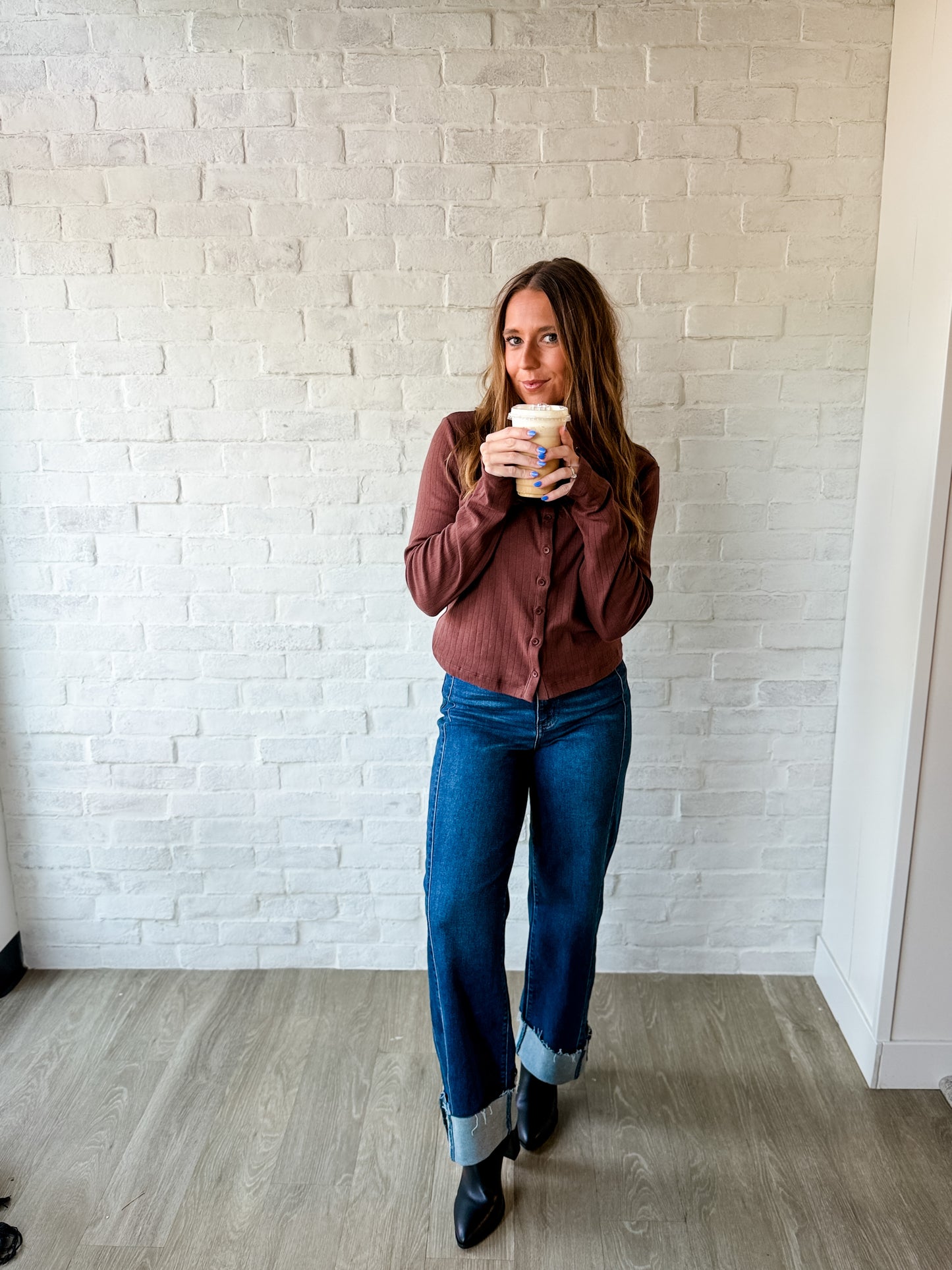 Espresso Pointelle Collar Button Top