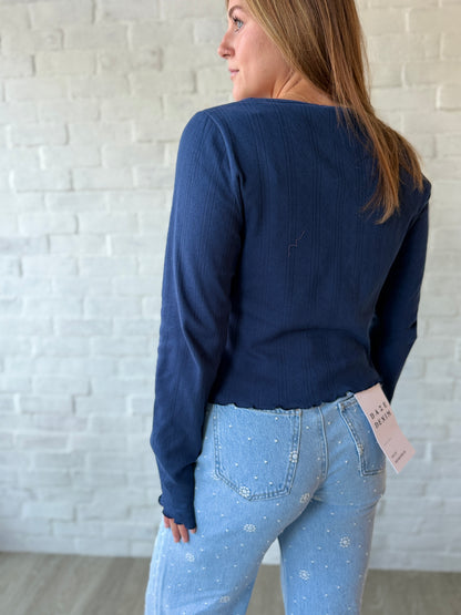 Navy Lettuce Hem Cardigan Sweater
