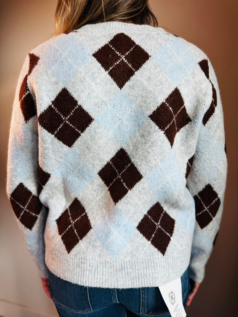 Gray + Brown Argyle Button Sweater