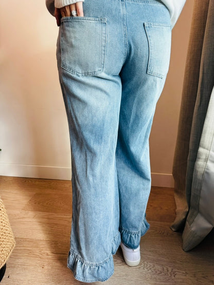 Wide Leg Ruffle Denim Jeans
