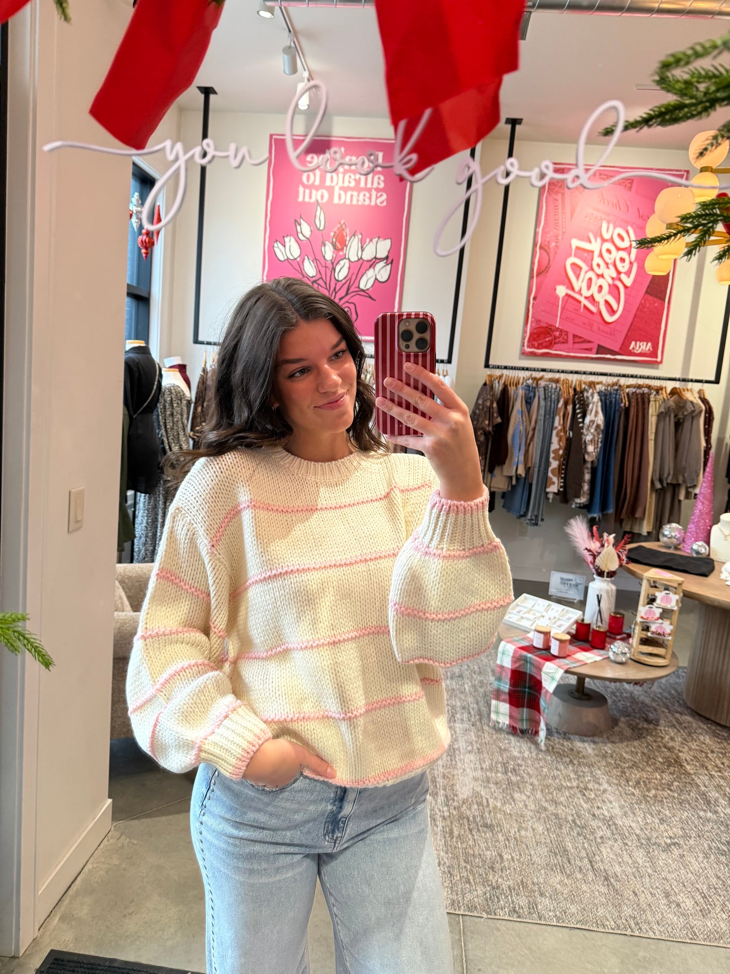 Ivory + Pink Stripe Sweater