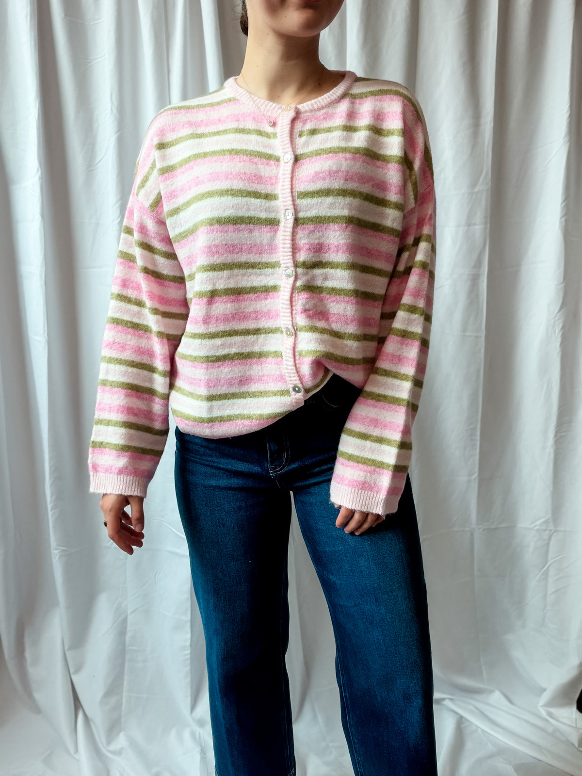 Pink + Green Stripe Button Sweater