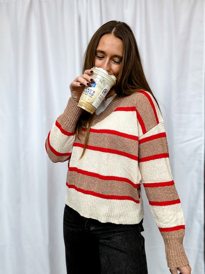 Taupe + Red Combo Stripe V Neck Sweater