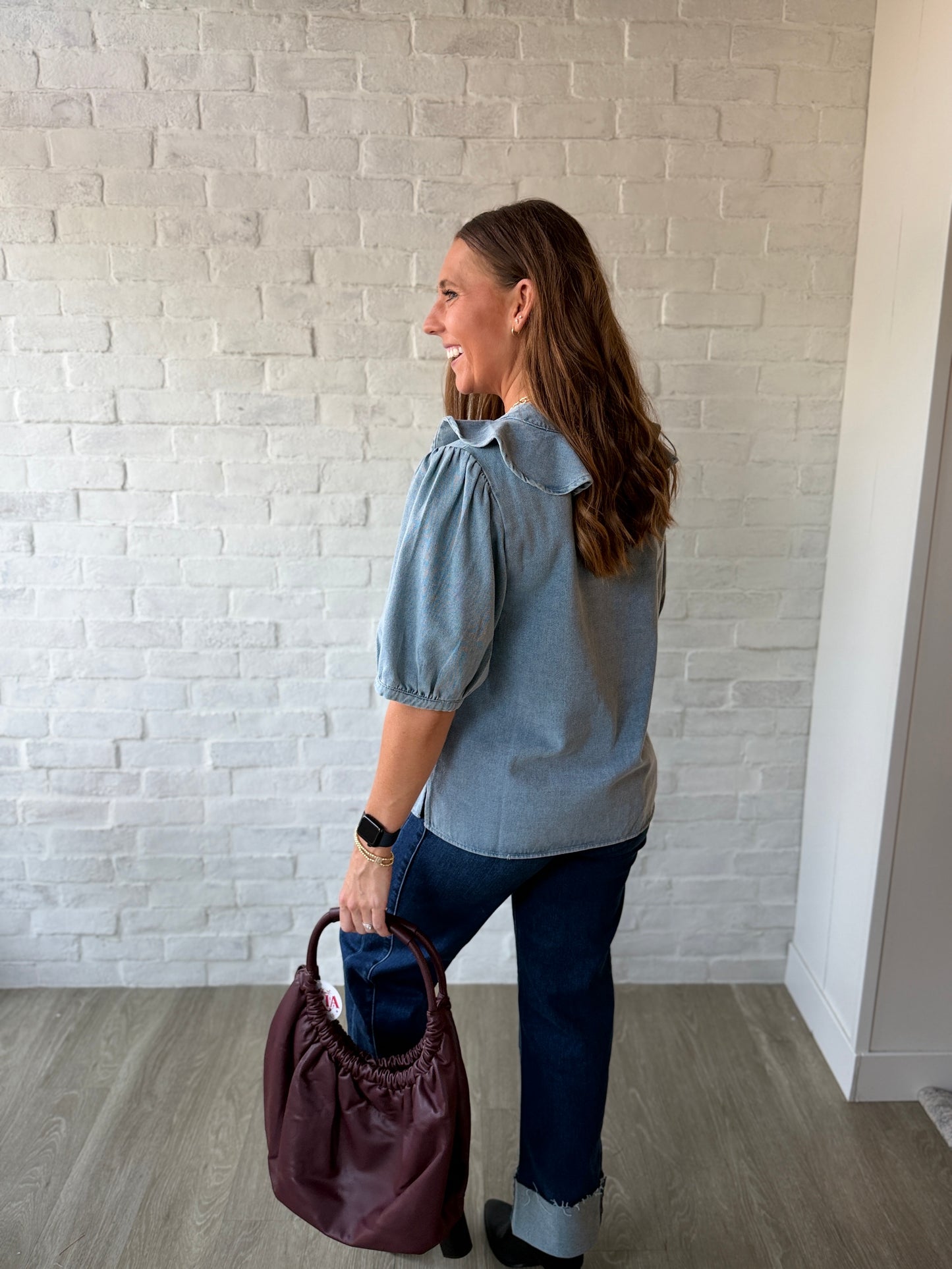 Light Denim Half Sleeve Ruffled Top
