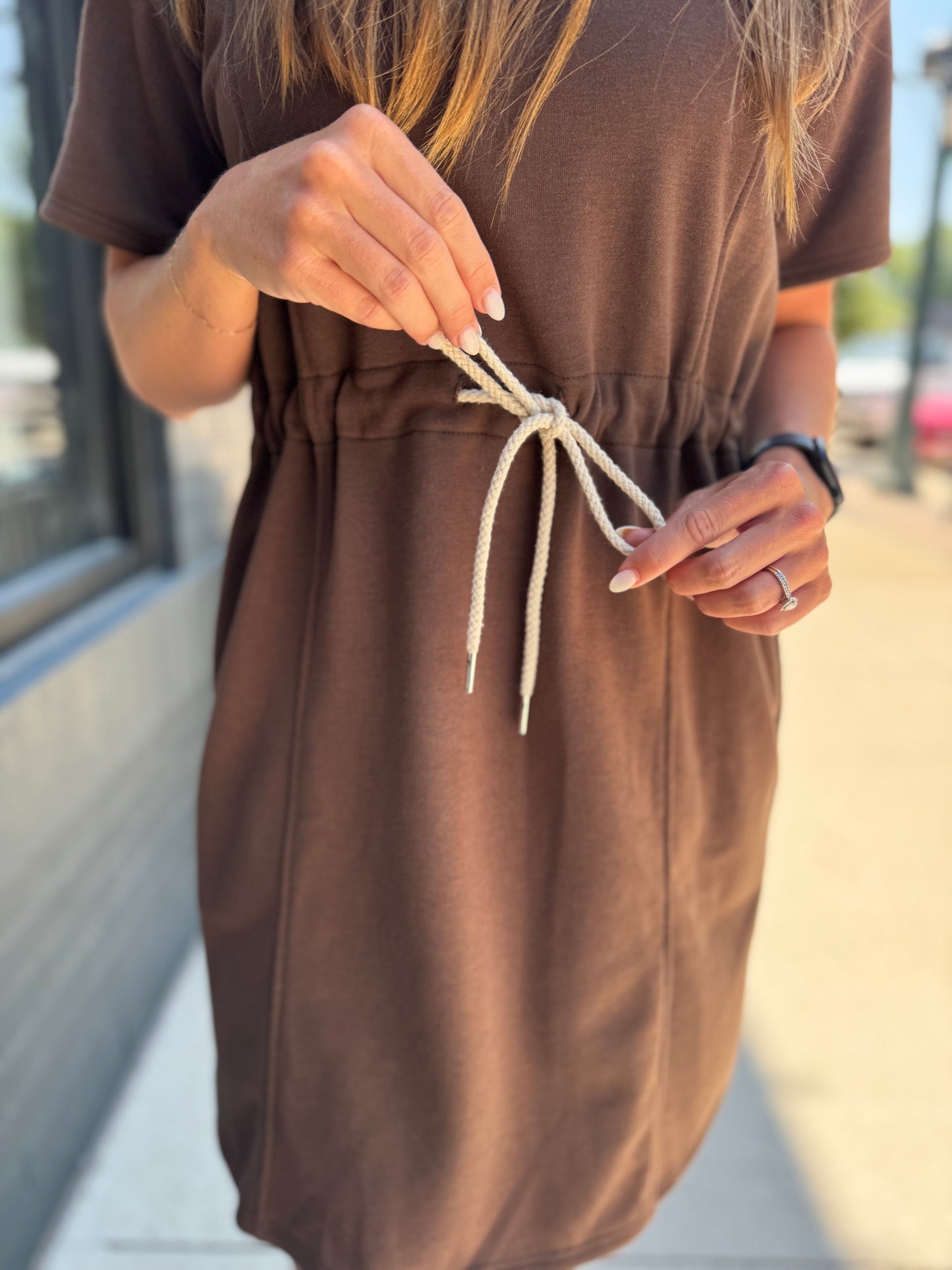 Brown Waist Tie Mini Dress