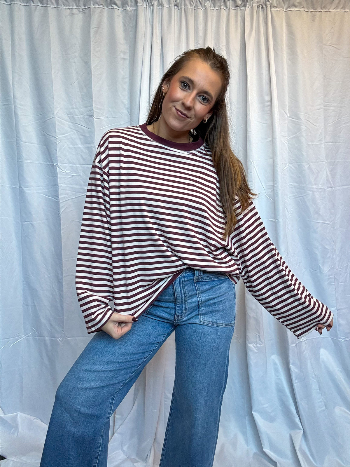 Burgundy Stripe LS Tee