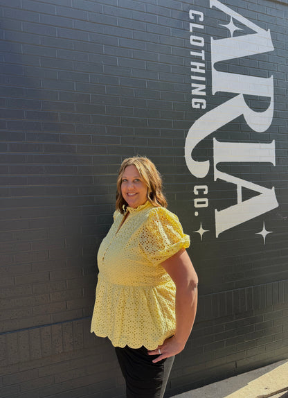Yellow Eyelet Puff Sleeve Blouse