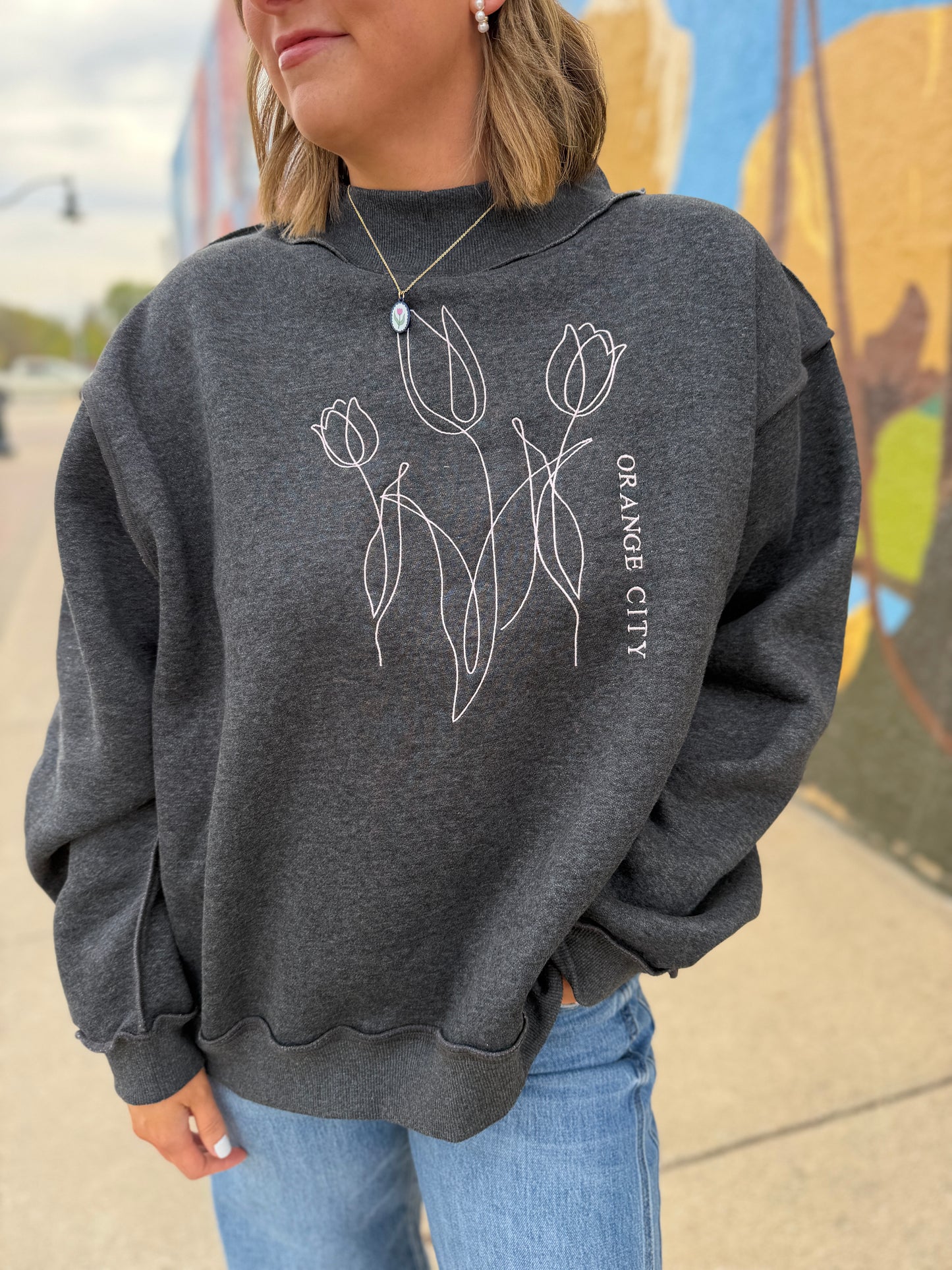Tulips Embroidered Mock Neck