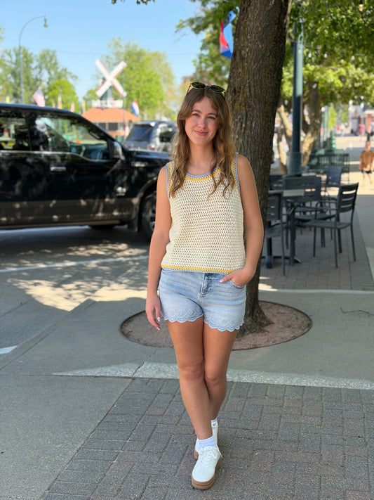 Yellow + Blue Trim Crochet Tank