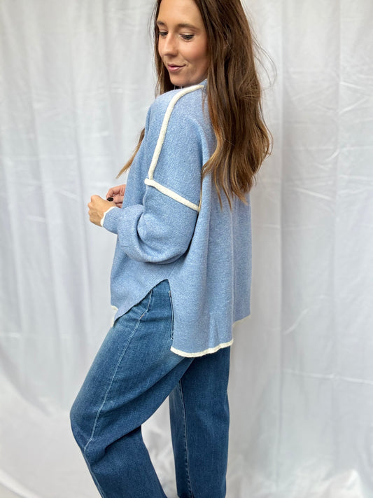 Dusty Blue + White Stitch Sweater