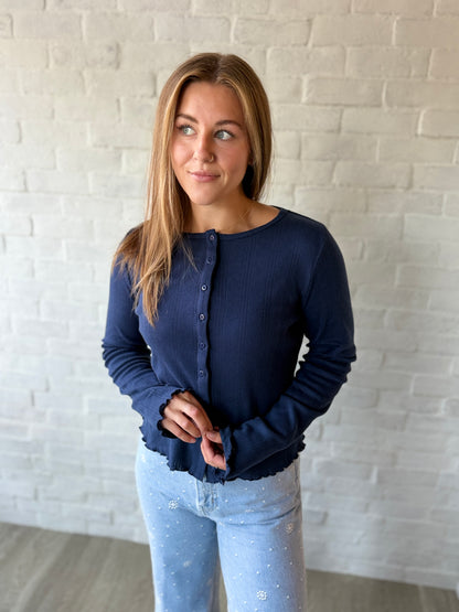 Navy Lettuce Hem Cardigan Sweater