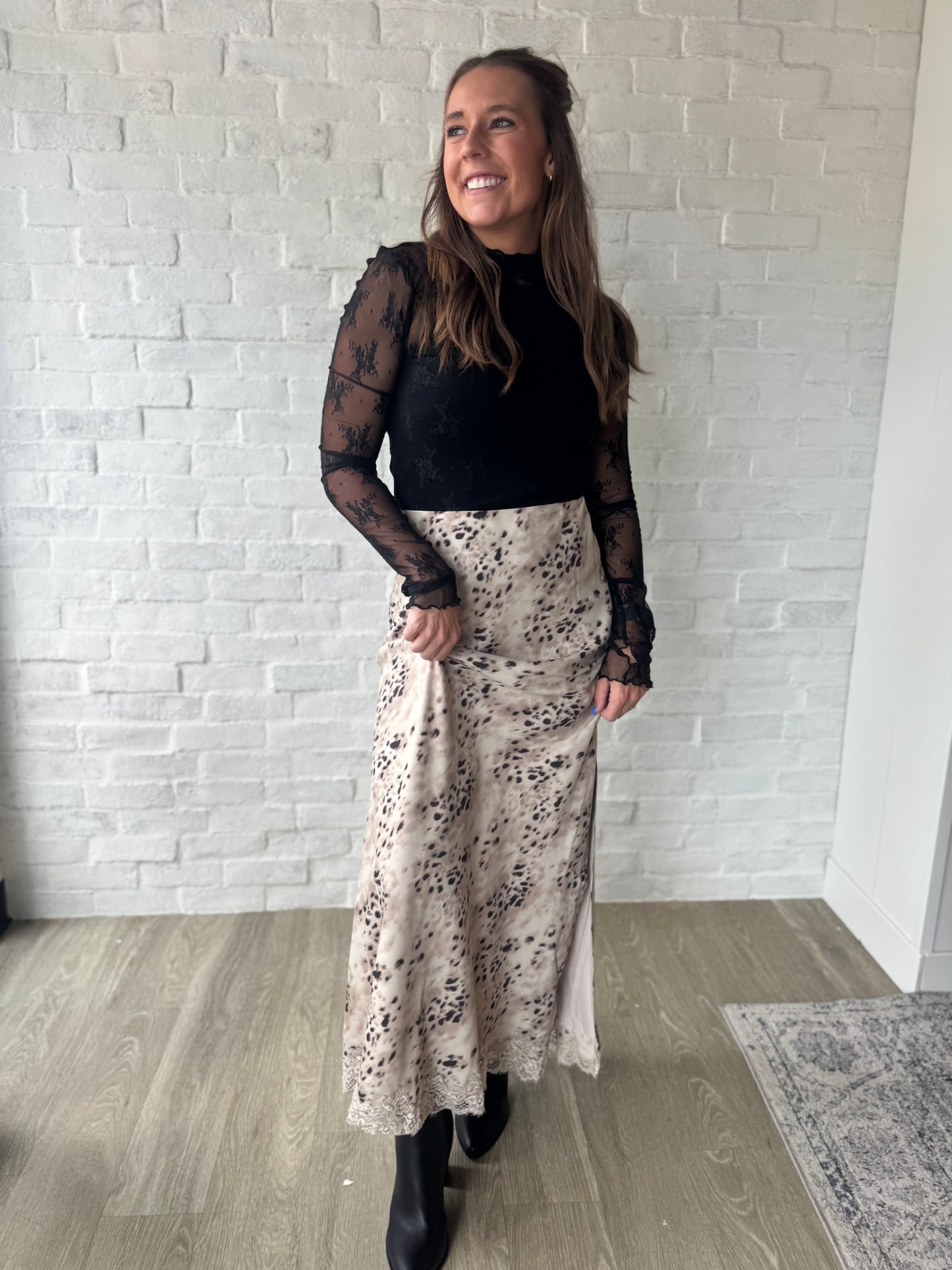 Animal Print Lace Satin Skirt