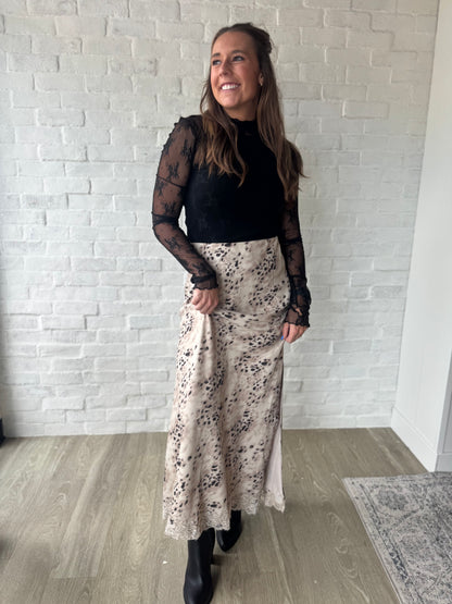 Animal Print Lace Satin Skirt