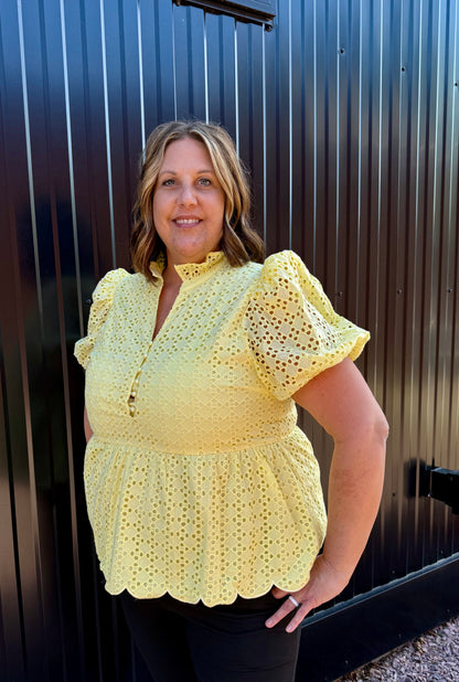 Yellow Eyelet Puff Sleeve Blouse