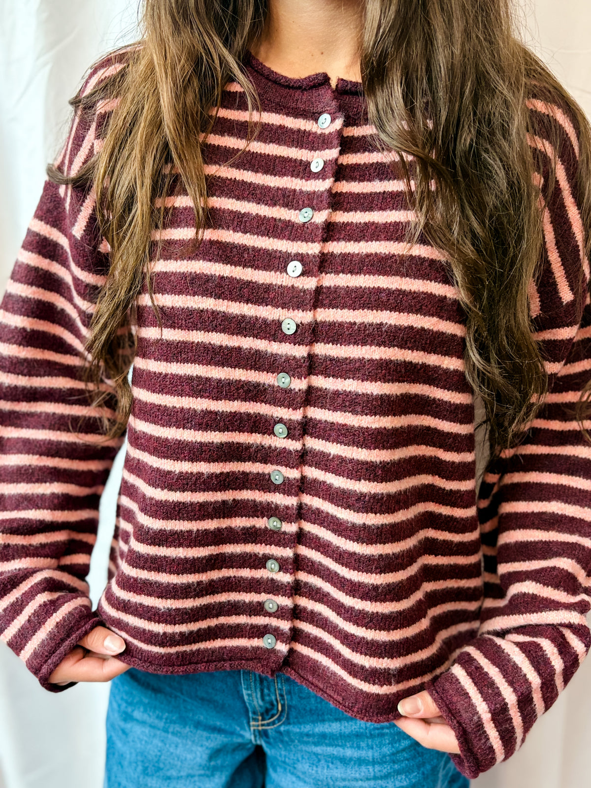 Burgundy + Pink Stripe Cardigan Sweater