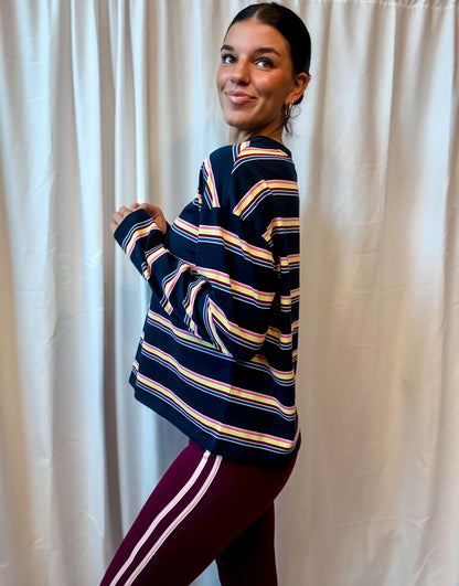 Navy + Multi Color Stripe LS Tee